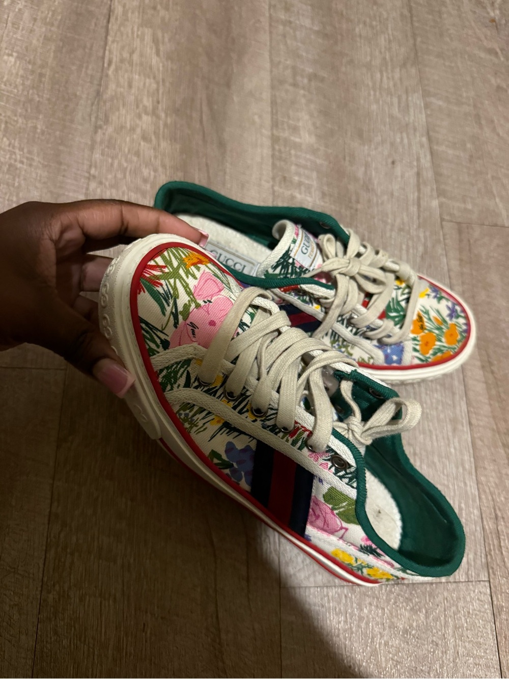 Gucci Kids Floral Canvas Sneakers in Green, Cream and Multicolor - Picture 8 of 12